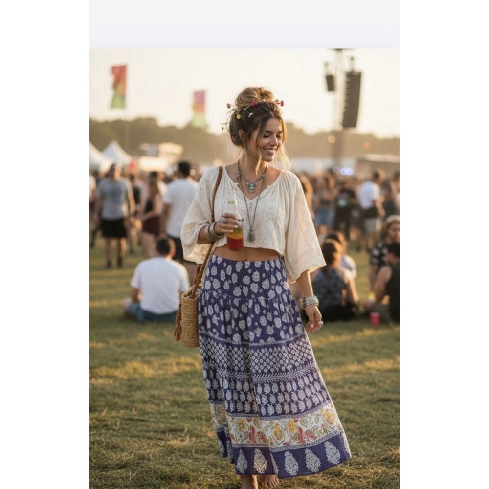 Koret Vintage Floral Skirt Women's 20W Boho Elastic Waist Midi Purple